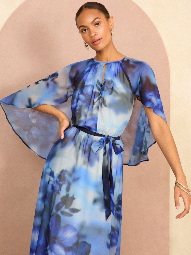 Love & Roses Navy Blue Floral Printed Cape Maxi Dress - Image 3 of 4