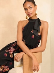 Love & Roses Black Floral Halter Neck Belted Wide Leg Jumpsuit - Image 3 of 4