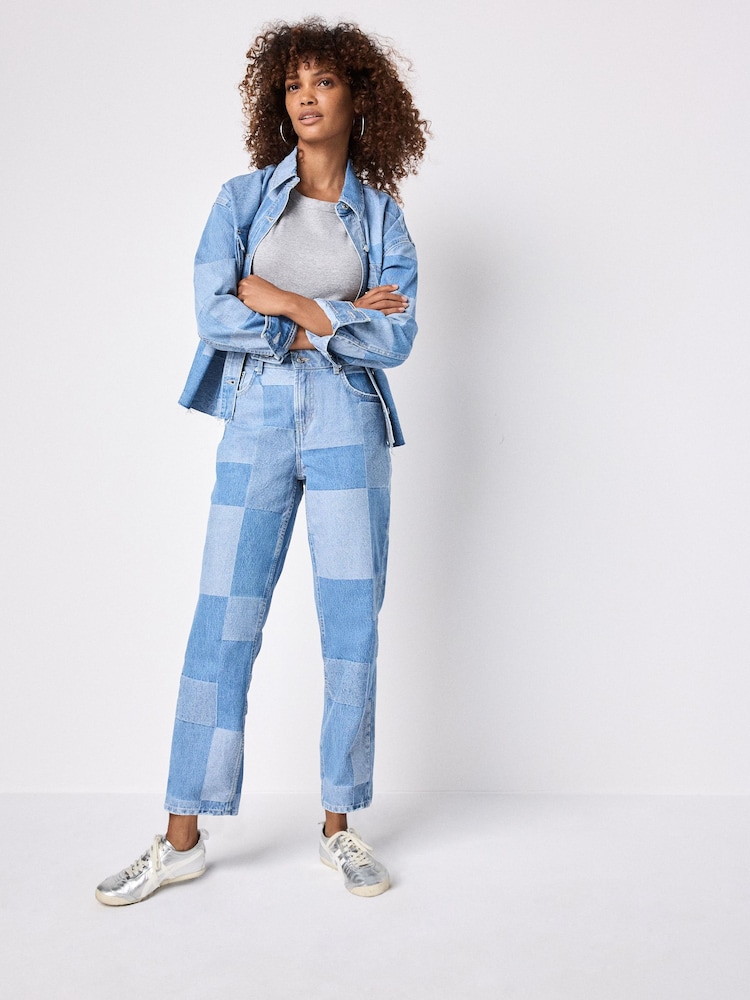 Mid Blue Patchwork Straight Leg 100% Cotton Jeans - Image 1 of 8