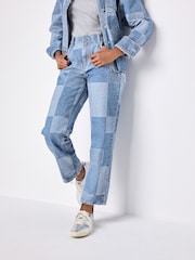 Mid Blue Patchwork Straight Leg 100% Cotton Jeans - Image 2 of 8