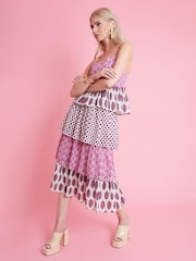 Another Sunday Mix Print Floral Polka Dot Pink Tiered 100% Cotton Cami Midi Dress - Bild 1 von 3