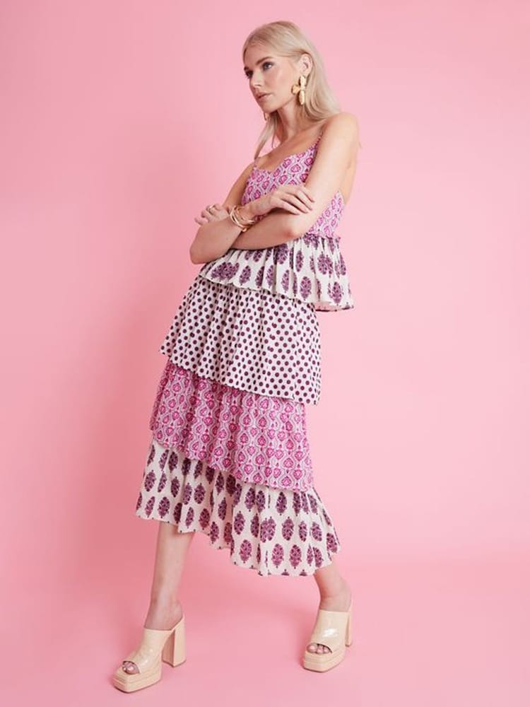 Another Sunday Mix Print Floral Polka Dot Pink Tiered 100% Cotton Cami Midi Dress - Bild 1 von 3 Another Sunday Mix Print Floral Polka Dot Pink Tiered 100% Cotton Cami Midi Dress - Bild 1 von 3