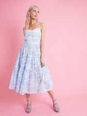 Another Sunday Blue Floral Scenic Print Ruffle Hem Tiered Strappy 100% Cotton Midi Dress with Lace Trims - Изображение 1 из 3