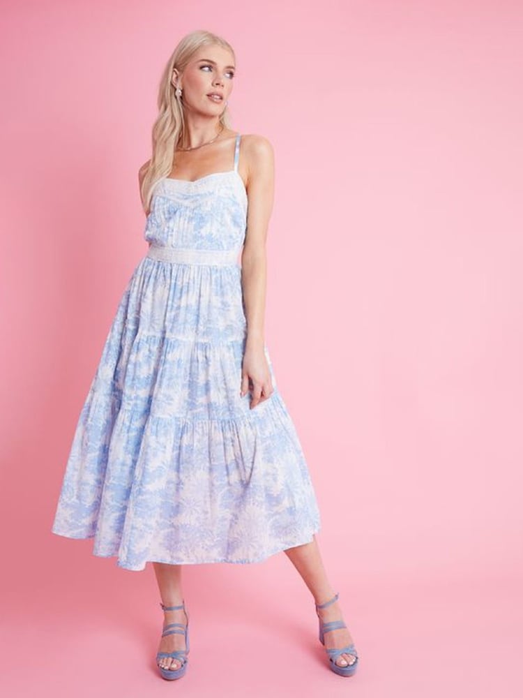 Another Sunday Blue Floral Scenic Print Ruffle Hem Tiered Strappy 100% Cotton Midi Dress with Lace Trims - Изображение 1 из 3