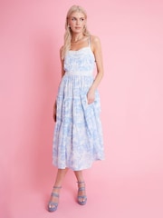 Another Sunday Blue Floral Scenic Print Ruffle Hem Tiered Strappy 100% Cotton Midi Dress with Lace Trims - Изображение 2 из 3