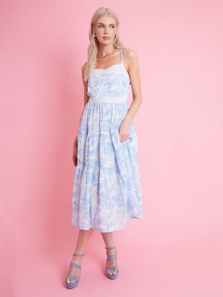 Another Sunday Blue Floral Scenic Print Ruffle Hem Tiered Strappy 100% Cotton Midi Dress with Lace Trims - Изображение 2 из 3