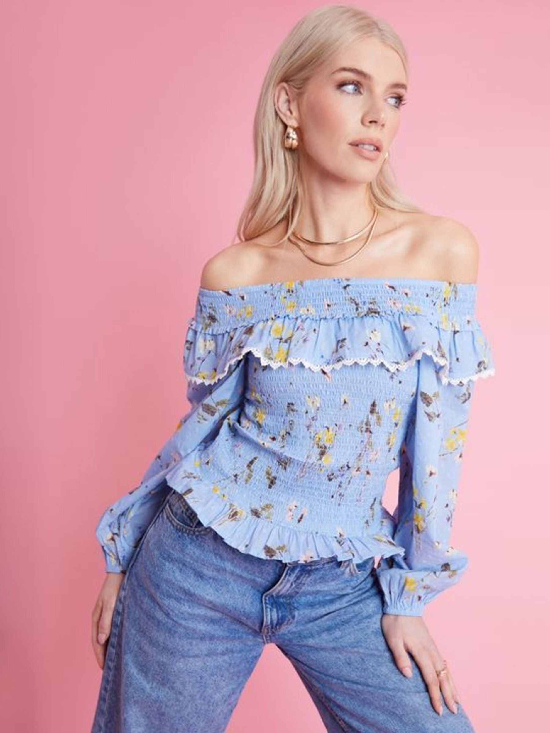 shirred ruffle hem bardot top