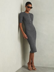 Reiss Grey Sandy Ribbed Wool Blend Midi Dress - Image 1 of 5
