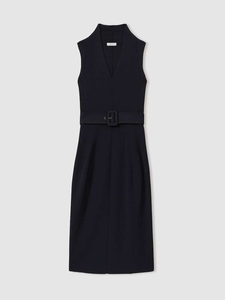 Reiss Navy Ella Knitted Ribbed Belted Midi Dress - Image 2 of 5