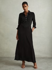 Reiss Black Rosina Jersey Polo Maxi Dress - Image 1 of 6