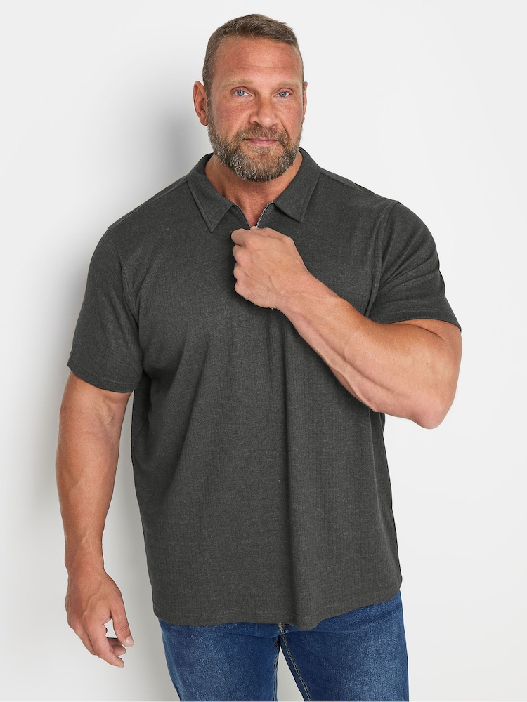 BadRhino Big & Tall Grey Jacquard Quarter Zip Polo Shirt - Image 1 of 3