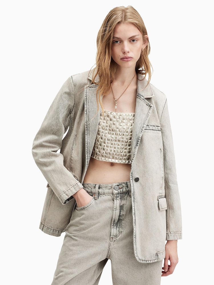 AllSaints Grey Ever Denim Blazer - Image 1 of 7
