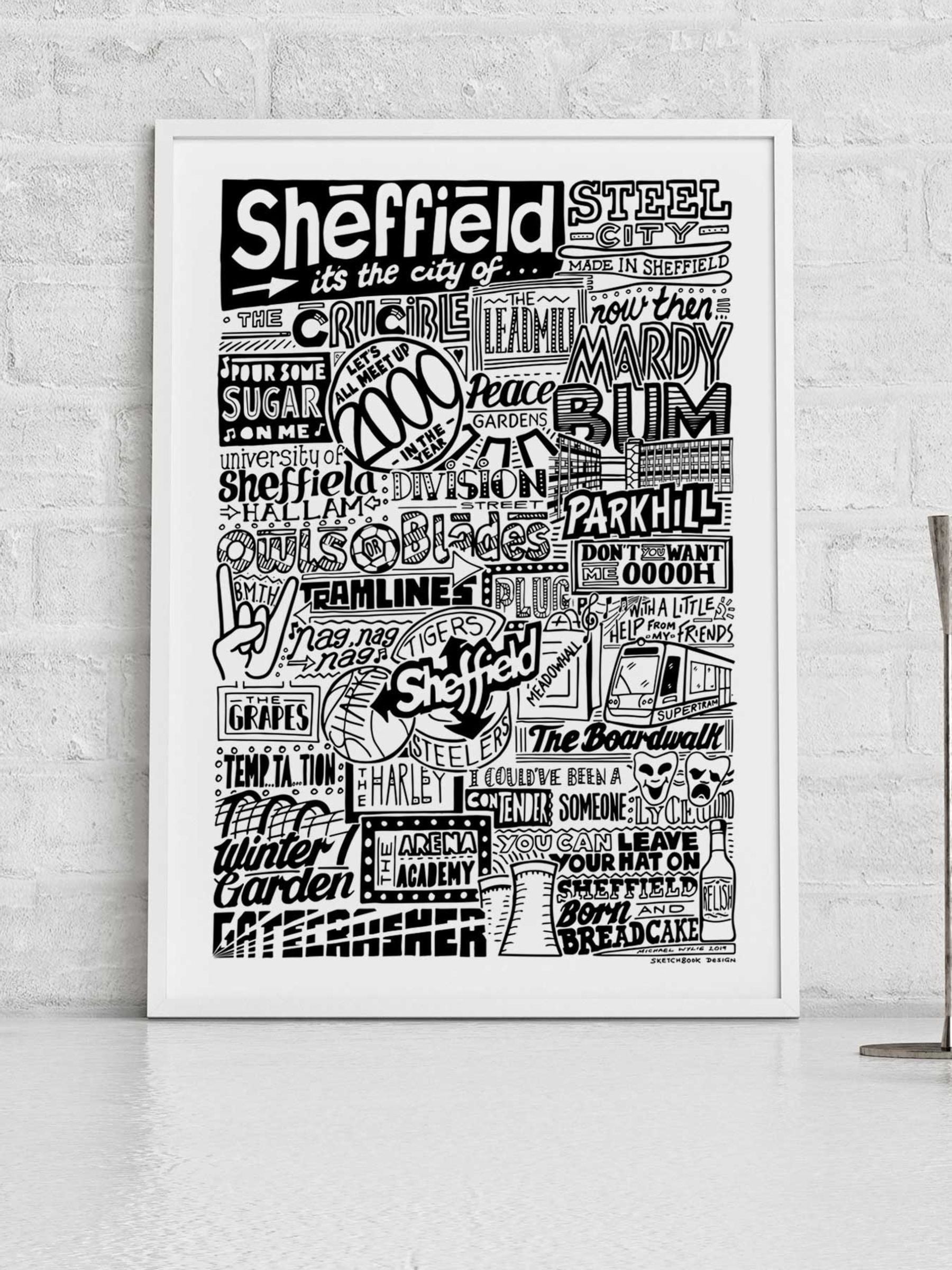 Sketchbook Design Unisex Black Sheffield Landmarks Illustration Framed Wall Art Print - White A3 Frame - Image 1