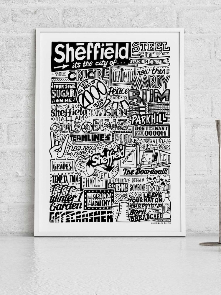 Sketchbook Design Black Sheffield Landmarks Illustration Framed Wall Art Print - White A3 Frame - Image 1 of 4 Sketchbook Design Black Sheffield Landmarks Illustration Framed Wall Art Print - White A3 Frame - Image 1 of 4