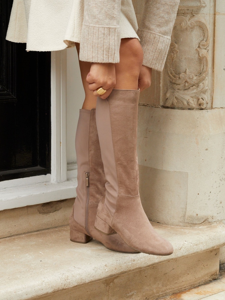 Linzi Nude Sloane High Leg Heeled Boots With Stretch Panel - Image 1 of 6