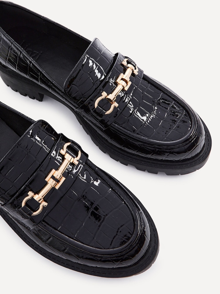 Linzi Black Faux Croc Aria Chunky Sole Loafers With Gold Trim - Image 4 of 5