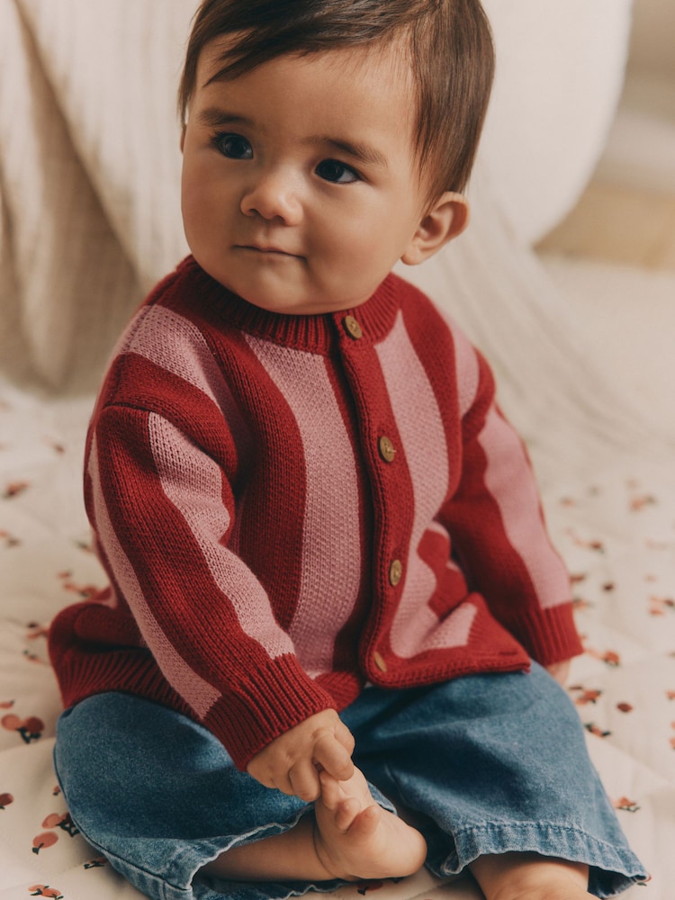 Roza/rdeče črte - dojenček 100% bombaž pletena pletena jopa (0mths-2yrs) - Slika 1 iz 5