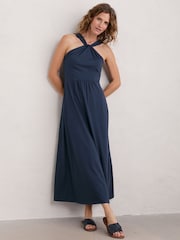 Seasalt Cornwall Blue Faraway Sea Halter Neck Maxi Dress - Image 1 of 3