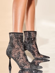 Lipsy Black High Heel Sequin Lace Party Ankle Boot - Image 2 of 4