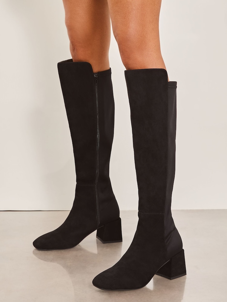 Lipsy Black Wide Fit Elastic Stretch Block Heel Faux Suede Boot - Image 2 of 4