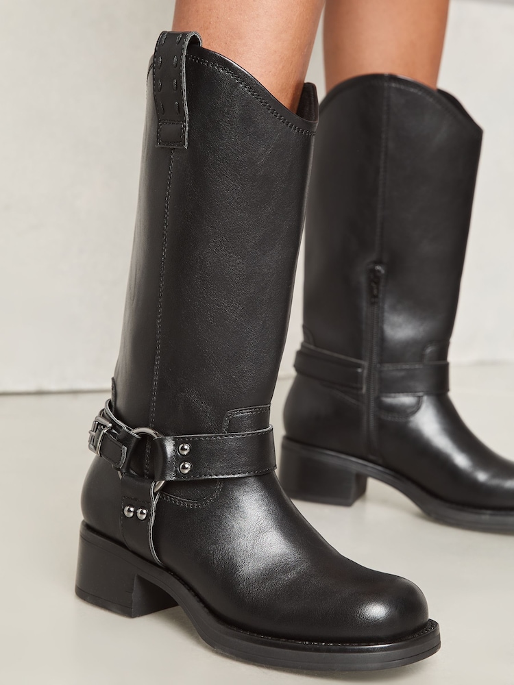 Lipsy Black Western Moto Biker Flat Chunky Comfort Faux Leather Boot - Image 1 of 4