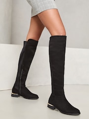 Lipsy Black Standard Fit Elastic Flat Knee High Long Faux Suede boot - Image 4 of 4