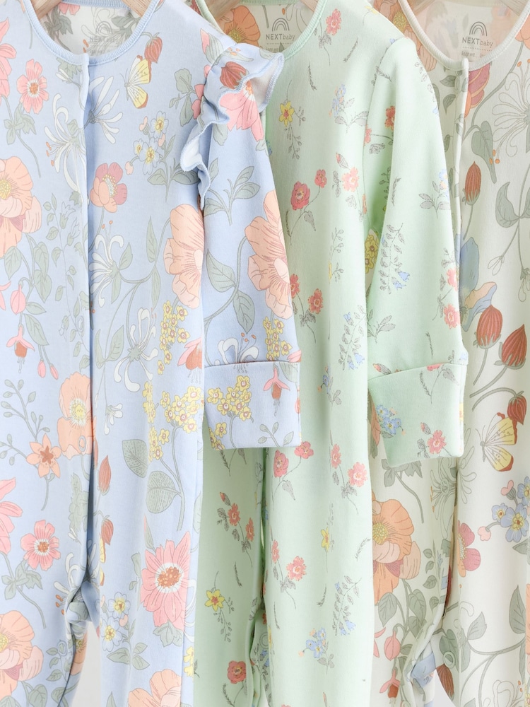 Blue 3 Pack Floral Blue Baby Sleepsuit (0-2yrs) - Image 7 of 13