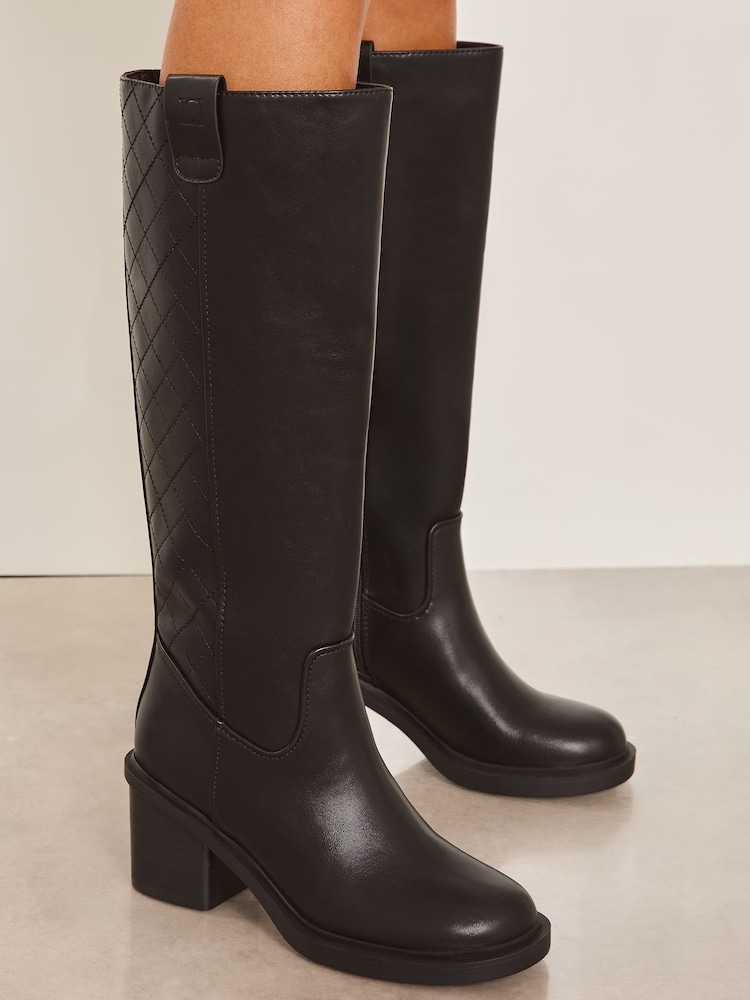 Lipsy Black Mid Block Heel Knee High Chunky Quilted Panel Faux Leather Pull On Boot - Image 2 of 4