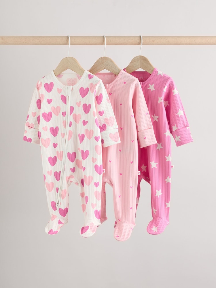 Rose - Lot de 3 dors-bien en2 100% coton imprimé cœur rose (0mois) (0mois-2ans) - Image 1 of 15