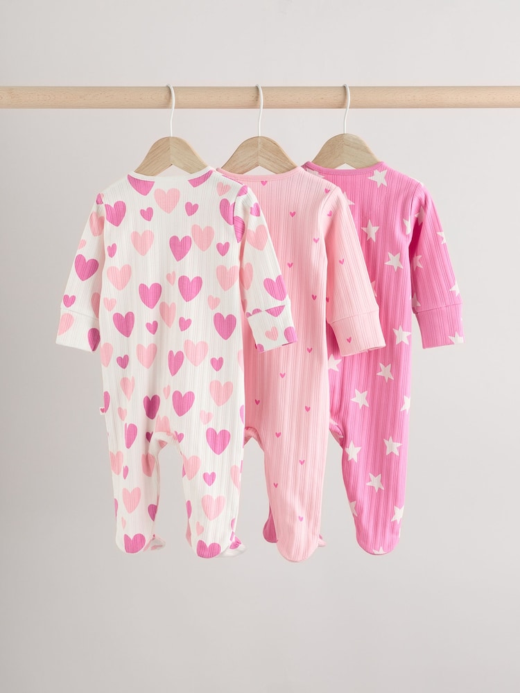Rose - Lot de 3 dors-bien en2 100% coton imprimé cœur rose (0mois) (0mois-2ans) - Image 5 of 15