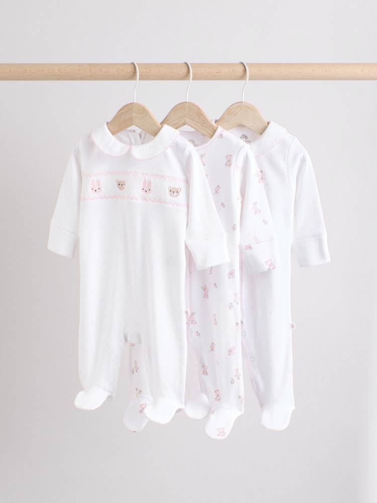 White Baby Collar 100% Cotton Sleepsuits 3 Pack (0-2yrs) - Image 1 of 13