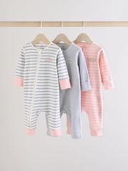 Pink/Grey 3 Pack Baby Slogan 100% Cotton Sleepsuits (0mths-3yrs) (0mths-3yrs) - Image 1 of 13