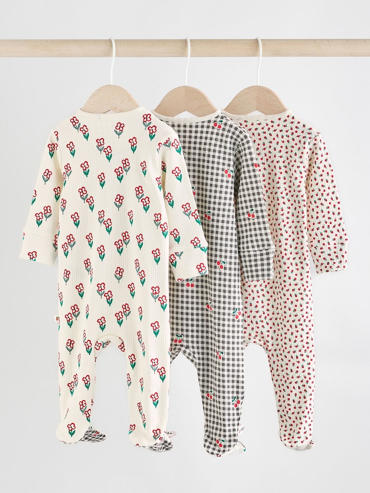 Cream/Red Popper Baby 100% Cotton Sleepsuits 3 Pack (0mths-2yrs) - Image 2 of 13
