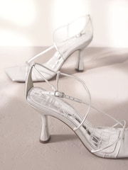 Silver Premium Square Toe Leather Strappy Heels - Image 8 of 11