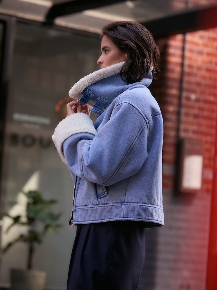 Mid Blue Borg Lined Denim Jacket - Image 1 of 4