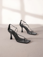Black Premium Square Toe Leather Strappy Heels - Image 1 of 5