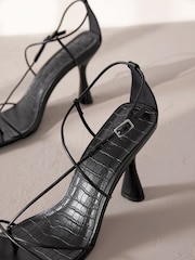 Black Premium Square Toe Leather Strappy Heels - Image 3 of 5