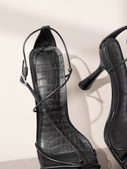 Black Premium Square Toe Leather Strappy Heels - Image 4 of 5