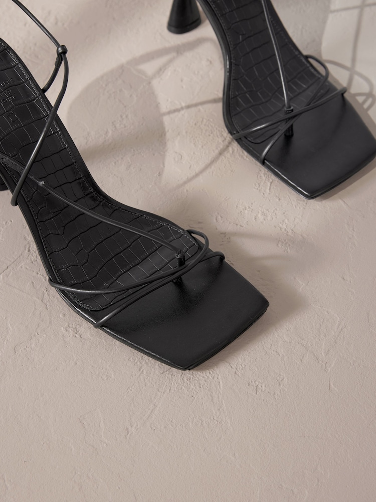 Black Premium Square Toe Leather Strappy Heels - Image 5 of 5