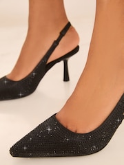 Lipsy Black Mid Heel Point Diamante Slingback Court Sandals - Image 2 of 4