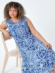 Roman Blue Aztec Style Shirred Bust Midi Dress - Image 1 of 5