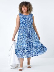 Roman Blue Aztec Style Shirred Bust Midi Dress - Image 2 of 5