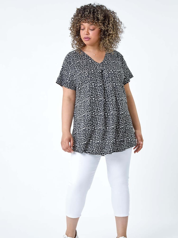 Roman Black Pleat Front Printed Stretch Top - Image 2 of 5