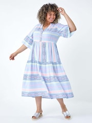 Roman Blue Stripe Print Boho Tiered Dress - Image 1 of 5