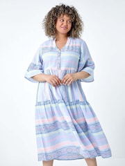 Roman Blue Stripe Print Boho Tiered Dress - Image 4 of 5