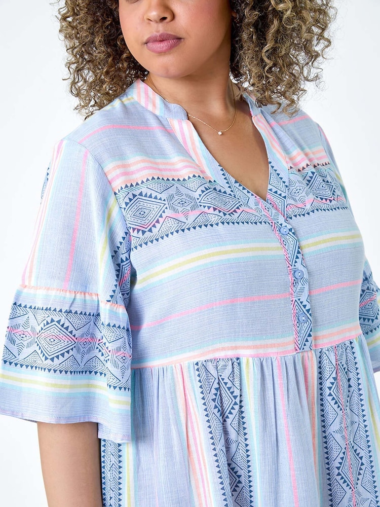 Roman Blue Stripe Print Boho Tiered Dress - Image 5 of 5