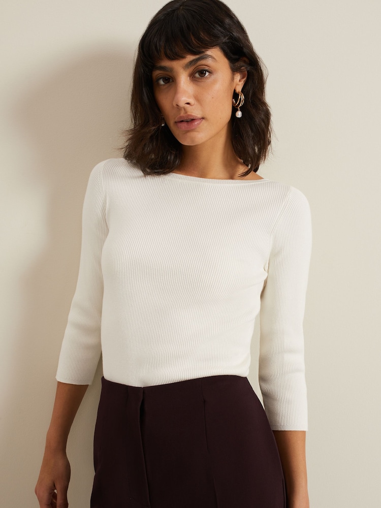 Phase Eight Cream Tannah Ribbed Slash Neck Top - Image 1 of 7 Phase Eight Cream Tannah Ribbed Slash Neck Top - Image 1 of 7