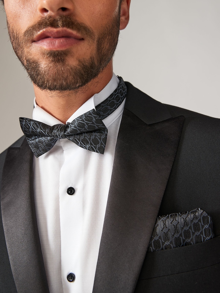 Black Jacquard Bow Tie And Pocket Square Set - Image 2 of 4