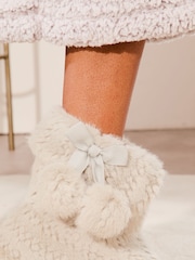 Lipsy Grey Super Soft Pom Faux Fur Nightwear Bootie Slippers - Image 4 of 4