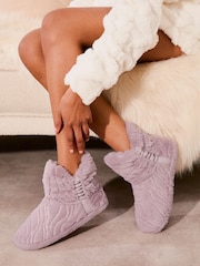 Lipsy Purple Leopard Brown Super Soft Ruched Faux Fur Bootie Nightwear Slippers - Image 1 of 4